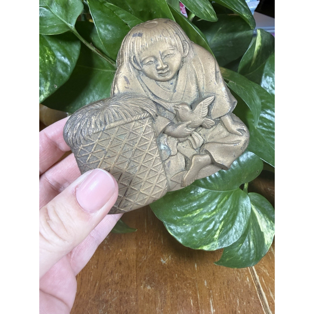 Vintage Asian Cast Metal Trinket Box Boy Holding Bird Basket Bronze Tone 3.25”